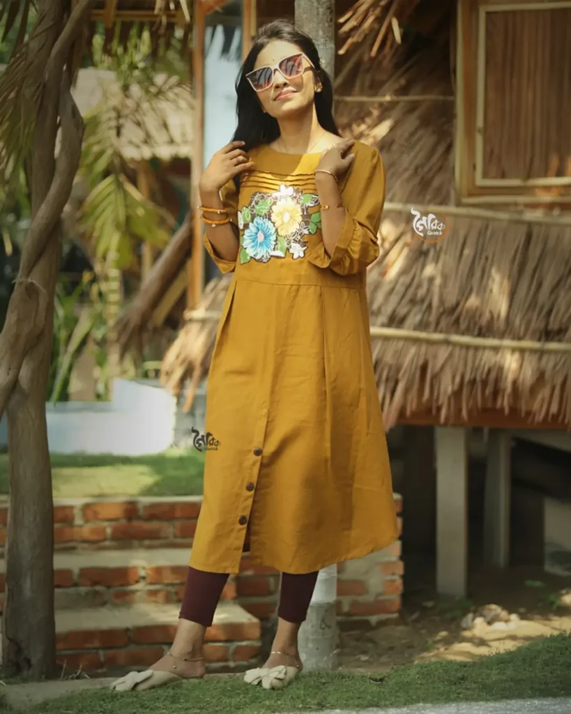 goirick mustard yellow embroidered kurti for women